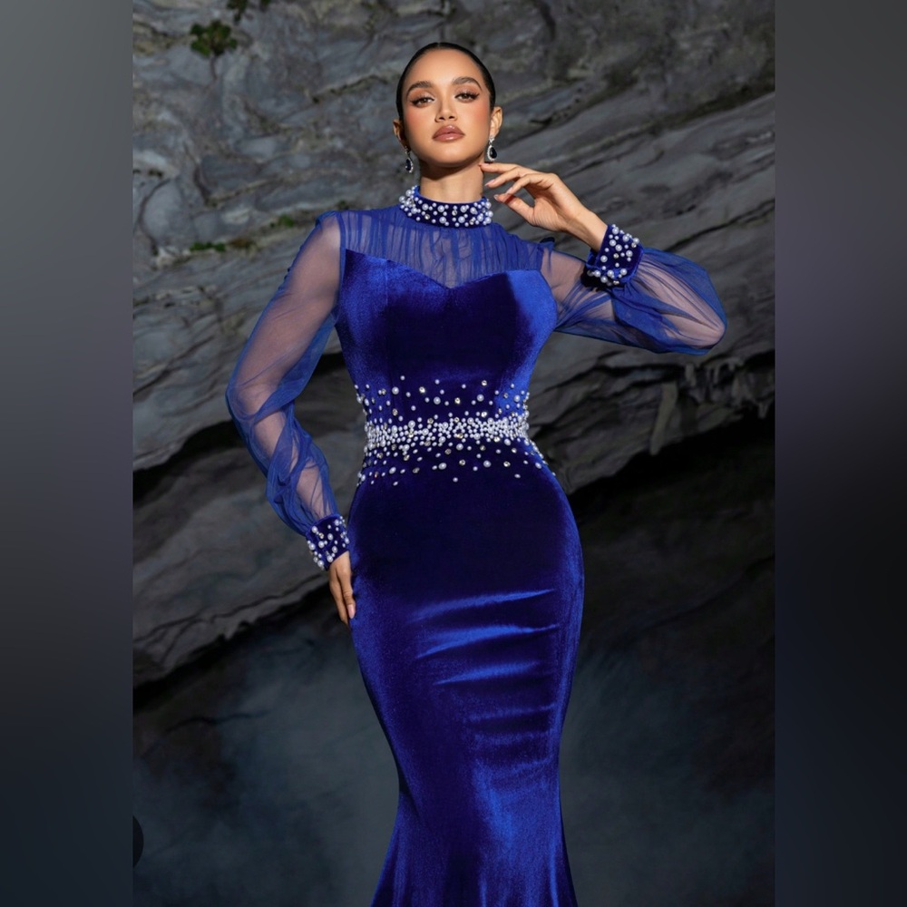 Faeriesty Velvet long sleeve mermaid evening dress with pearl embellishments